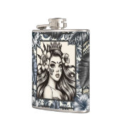 Polynesische Prinses Blauw Bloemmotief Stam Heupfles (Links)
