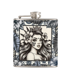 Polynesische Prinses Blauw Bloemmotief Stam Heupfles