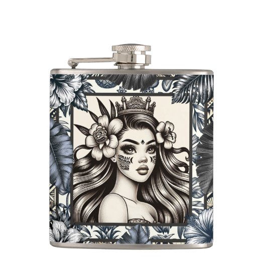 Polynesische Prinses Blauw Bloemmotief Stam Heupfles (Voorkant)