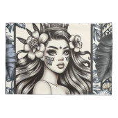 Polynesische Prinses Blauw Bloemmotief Stam- Kussensloop (Achterkant)