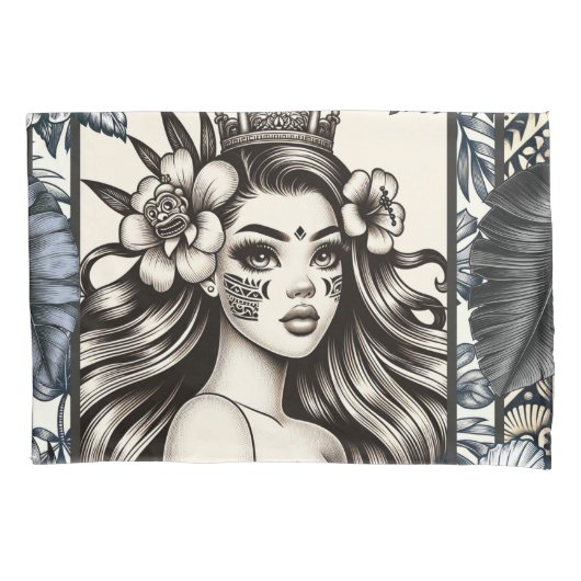 Polynesische Prinses Blauw Bloemmotief Stam- Kussensloop (Voorkant)