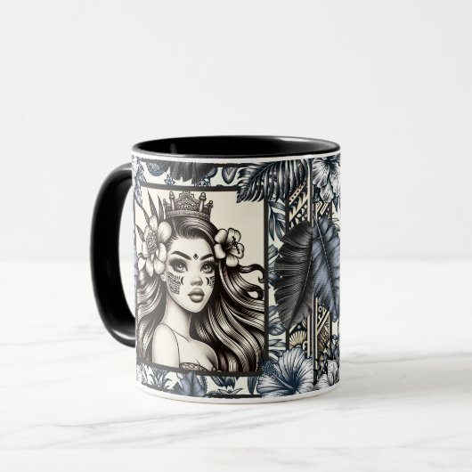 Polynesische Prinses Blauw Bloemmotief Stam- Mok (Voorkant links)