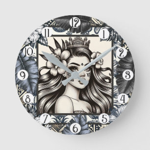 Polynesische Prinses Blauw Bloemmotief Stam Ronde Klok