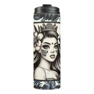 Polynesische Prinses Blauw Bloemmotief Stam Thermosbeker