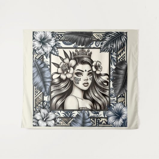 Polynesische Prinses Blauw Bloemmotief Stam Wandkleed (Voorkant (horizontaal))