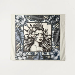 Polynesische Prinses Blauwe Bloem Tribal Wandkleed