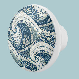 Polynesische strandgolven en bloemen Etnisch patro Keramische Knop