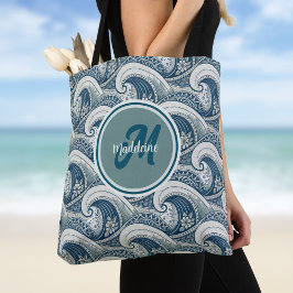 Polynesische strandgolven en bloemen oceaanpatroon tote bag