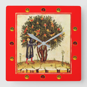 POMEGRANAAT TREE MEDIEVAL MINATUUR, MEUBELEN, rood Vierkante Klok