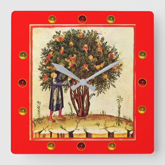 POMEGRANAAT TREE MEDIEVAL MINATUUR, MEUBELEN, rood Vierkante Klok (Voorkant)