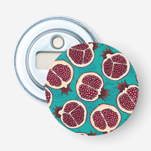 Pomegranaatplakken op turquoise button flesopener (Voorkant)