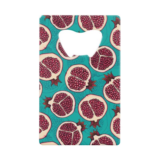 Pomegranaatplakken op turquoise creditkaart flessenopener (Voorkant)