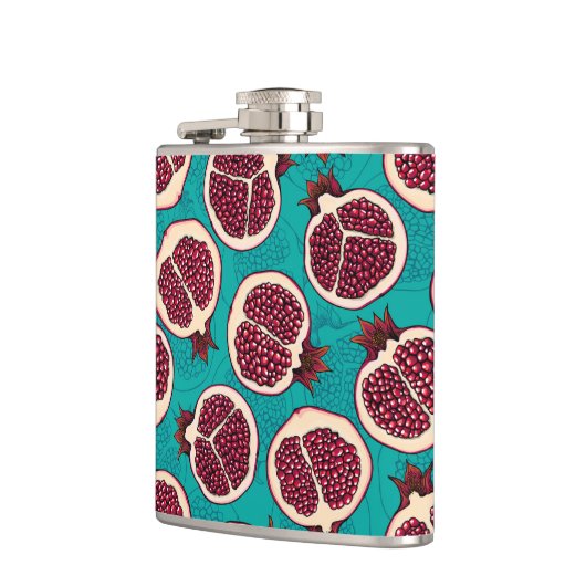 Pomegranaatplakken op turquoise heupfles (Links)