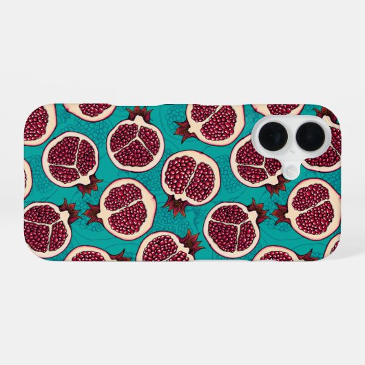Pomegranaatplakken op turquoise iPhone 16 hoesje (Achterkant horizontaal)