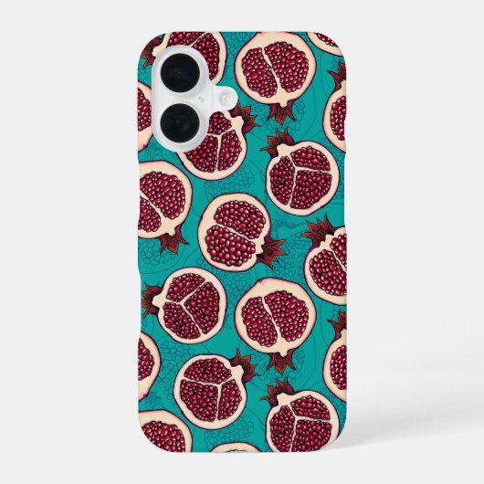 Pomegranaatplakken op turquoise iPhone 16 hoesje (Achterkant)