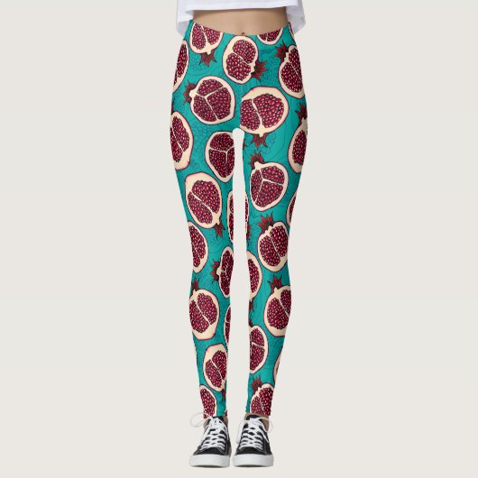 Pomegranaatplakken op turquoise leggings (Voorkant)
