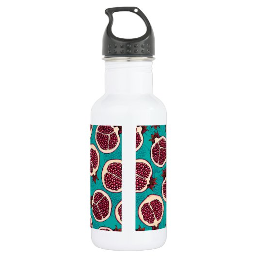 Pomegranaatplakken op turquoise waterfles  (Achterkant)