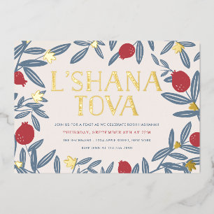 Pomegranate Florals Rosh Hashanah Gold Folie Uitnodiging