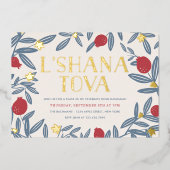 Pomegranate Florals Rosh Hashanah Gold Folie Uitnodiging (Voorkant)