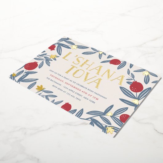 Pomegranate Florals Rosh Hashanah Gold Folie Uitnodiging (Gedraaid)