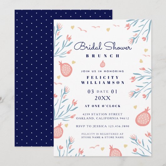 Pomegranate Fruit Floral Bridal Shower Invitation Kaart (Voorkant / Achterkant)