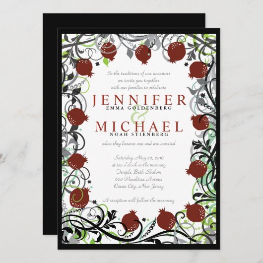 Pomegranate Jwish Wedding Invitation Kaart (Voorkant / Achterkant)