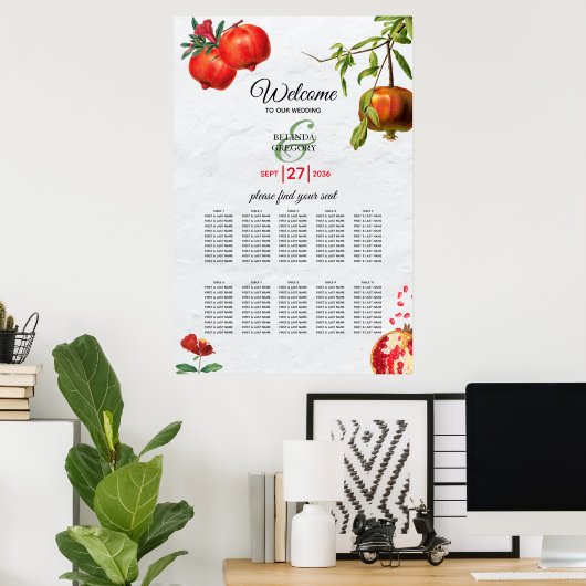 Pomegranate Mediterranean Wedding Seating Chart Poster (Thuiskantoor)