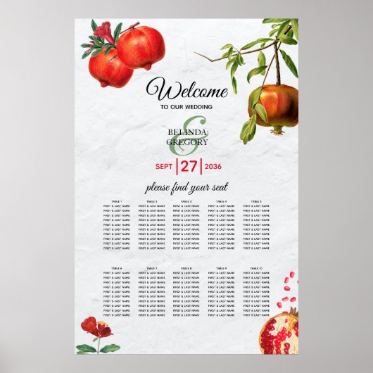 Pomegranate Mediterranean Wedding Seating Chart Poster (Voorkant)