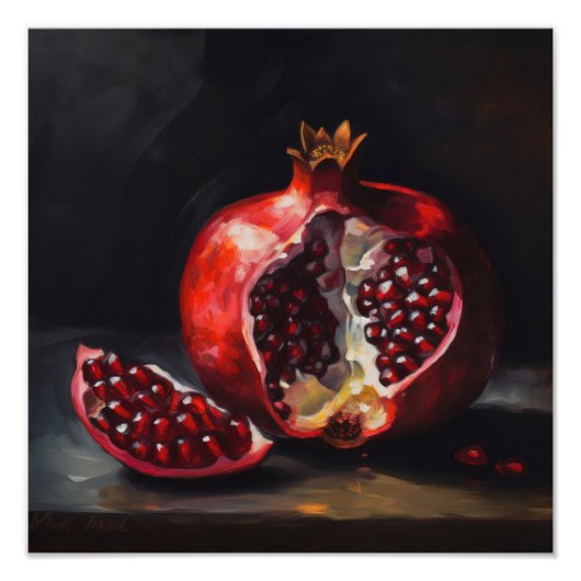 Pomegranate | Stilleven | Stijl van oliehoudende v Foto Afdruk (Voorkant)