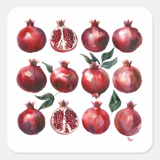 Pomegranate Watercolor Art Vierkante Sticker (Voorkant)