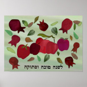 Pomegranaten en appels, zoet jaar afdrukken poster