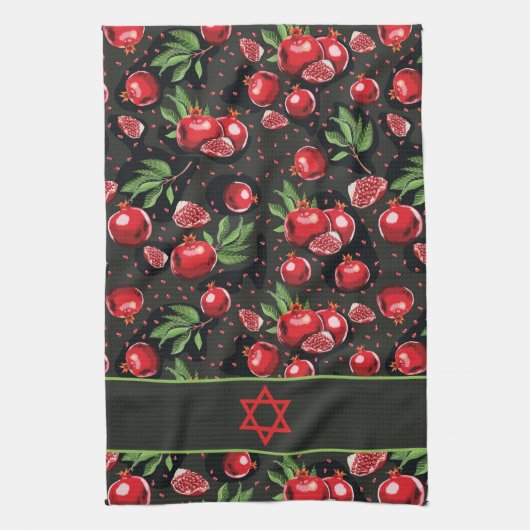Pomegranaten op Black Jewish Rosh Hashanah Star Theedoek (Verticaal)