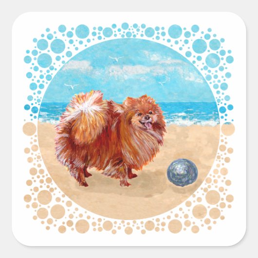 Pomeranian aan de zeekust vierkante sticker (Voorkant)