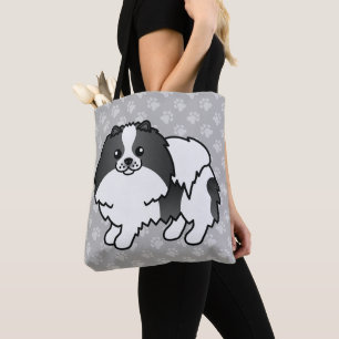 Pomeranian Cartoon-hond in zwarte parti-kleurige v Tote Bag