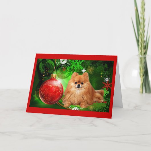 Pomeranian Christmas Kaart Red Ball Green (Voorkant)