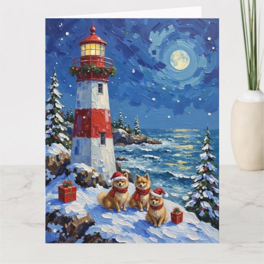 Pomeranian Christmas Lighthouse Holiday Kaart (Voorkant)