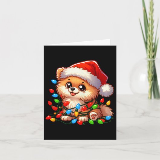 Pomeranian Christmas Lights Dog Funny Xmas Kaart (Voorkant)