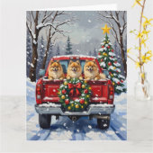 Pomeranian Christmas Red Truck Holiday Gift Kaart (Gele Bloem)