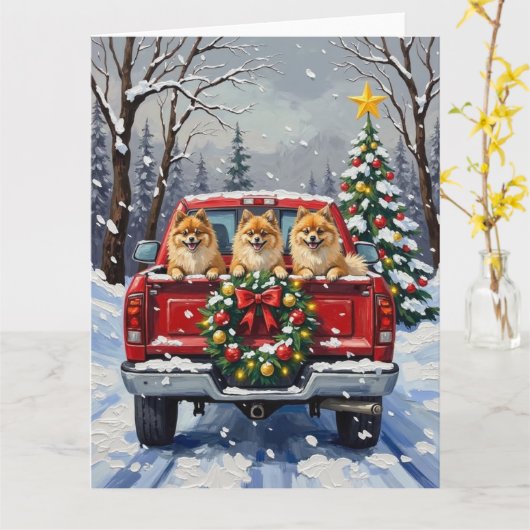 Pomeranian Christmas Red Truck Holiday Gift Kaart (Gele Bloem)