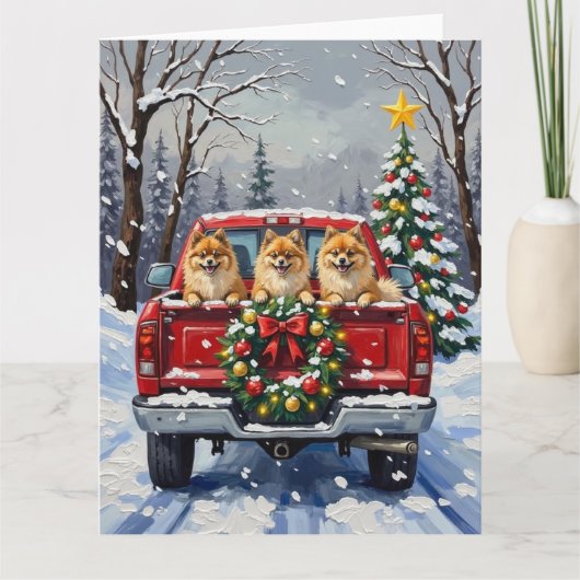 Pomeranian Christmas Red Truck Holiday Gift Kaart (Voorkant)