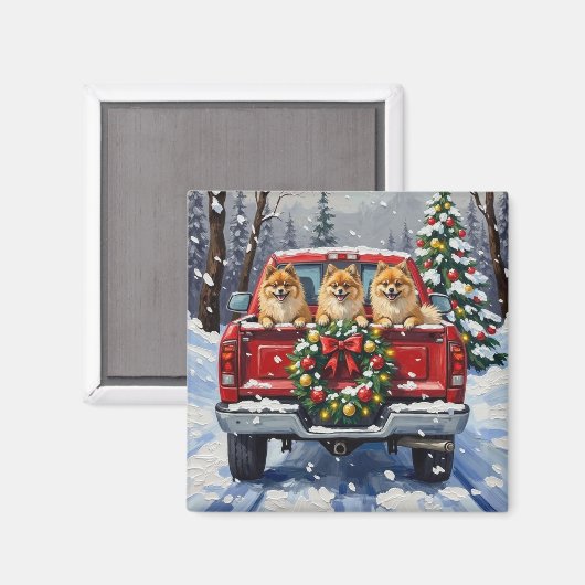Pomeranian Christmas Red Truck Holiday Gift Magneet (Voorkant / Achterkant)
