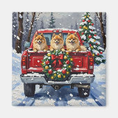 Pomeranian Christmas Red Truck Holiday Gift Magneet (Voorkant)