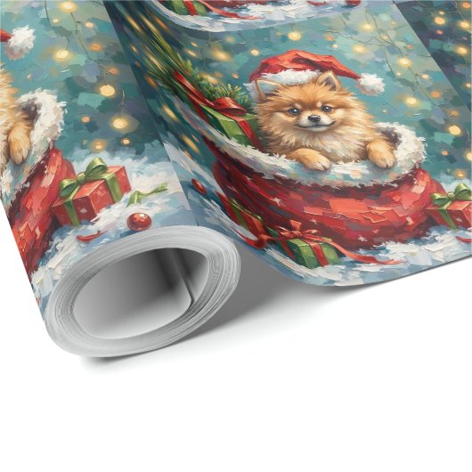 Pomeranian Christmas Santa Bag Adventure Cadeaupapier (Rol Hoek)