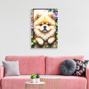 Pomeranian die door een houten hek gluurt canvas afdruk