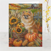 Pomeranian Dog Autumn Harvest Thanksgiving Kaart (Gele Bloem)