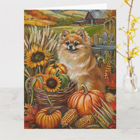 Pomeranian Dog Autumn Harvest Thanksgiving Kaart (Gele Bloem)