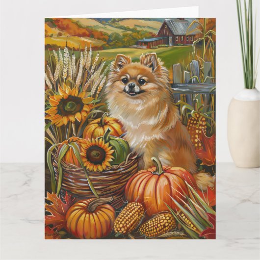 Pomeranian Dog Autumn Harvest Thanksgiving Kaart (Voorkant)