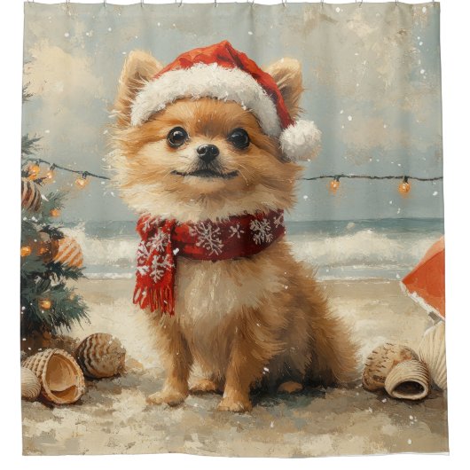 Pomeranian Dog Christmas Beach Douchegordijn (Voorkant)