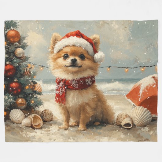 Pomeranian Dog Christmas  Beach Fleece Deken (Voorkant (Horizontaal))