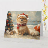 Pomeranian Dog Christmas  Beach Kaart (Gele Bloem)